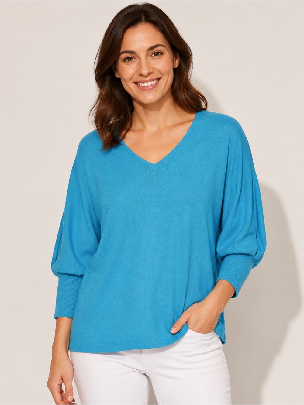 J. Jill Bright Turquoise V-Neck 3/4 sleeve linen cotton Sweater M NWT